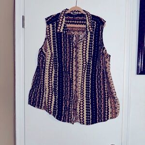 Roaman's Tan and Brown Sleeveless Button Down Shirt